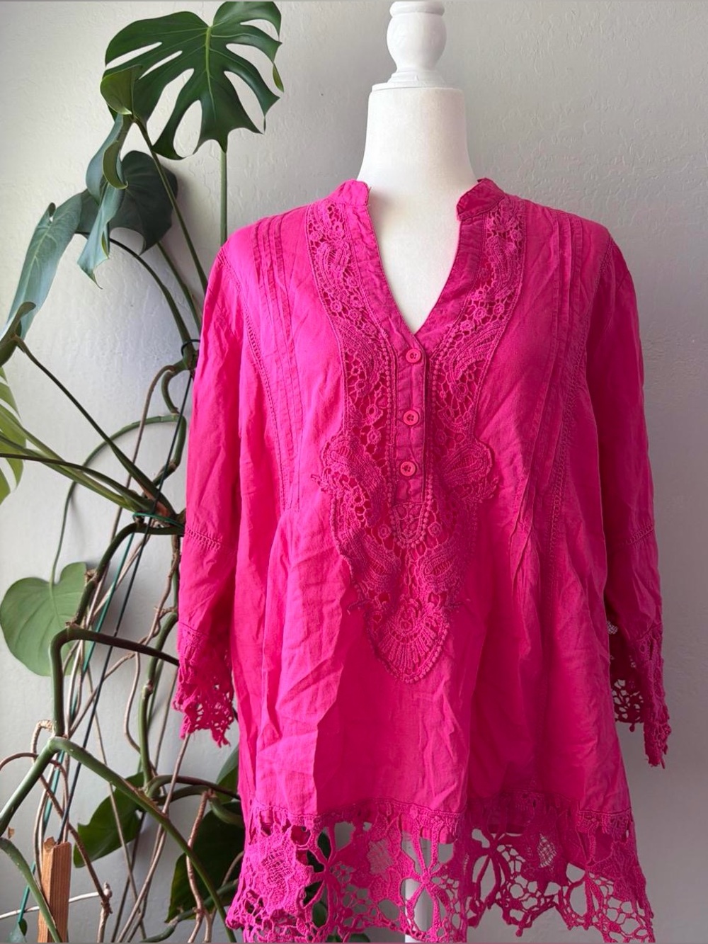Women's Hot Pink Lace-Trim Tunic Top